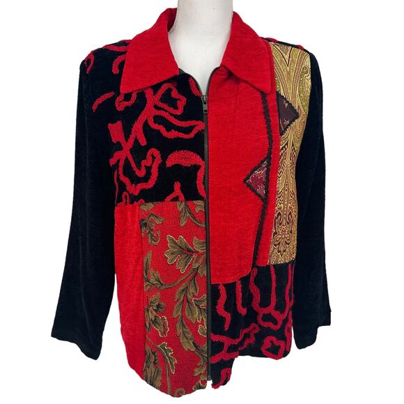 Vintage Julia Kim Red Black Gold Tapestry Patchwork Jacket Sz PS - Picture 1 of 7